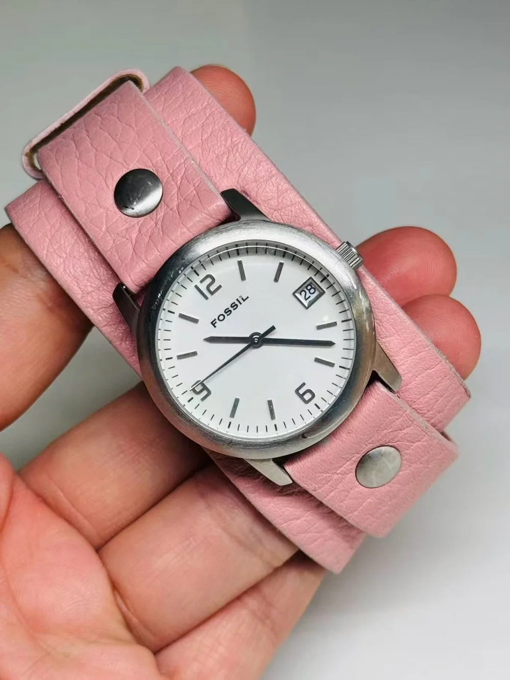Fossil Women’s Watch Quartz Date Pink Leather Strap 31mm New Battery Runs